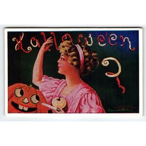 Vintage Bernard Wall 1909 Halloween Postcard Girl Apple Peels & Jack O'Lantern